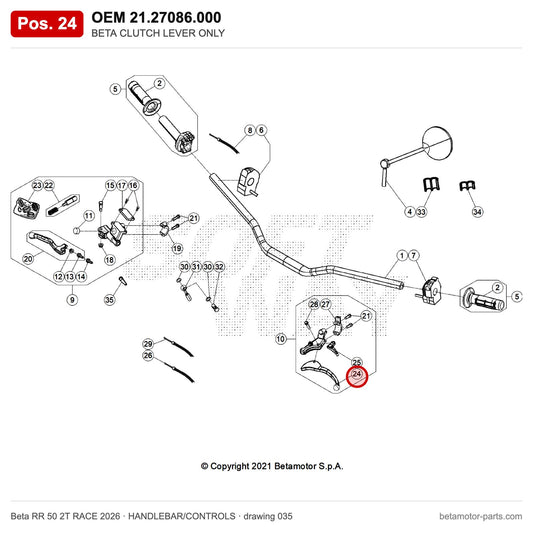 BETA CLUTCH LEVER ONLY – OEM 21.27086.000, position 24 on the Beta RR 50 2T RACE 2026 handlebar/controls drawing