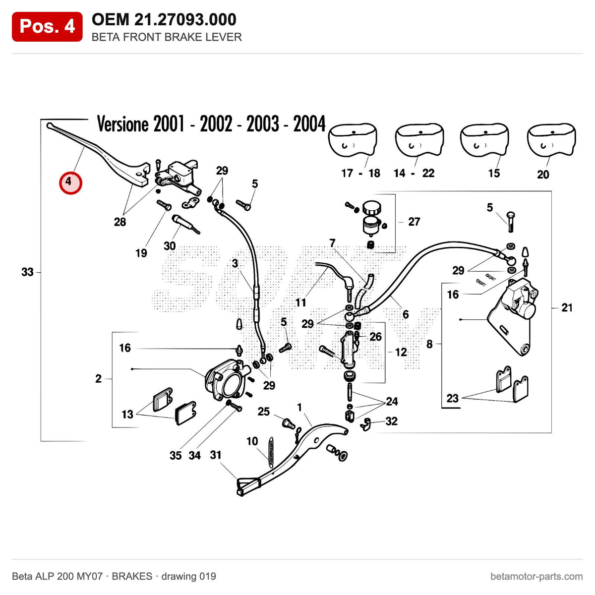 BETA FRONT BRAKE LEVER – OEM 21.27093.000, position 4 on the Beta ALP 200 MY07 brakes drawing