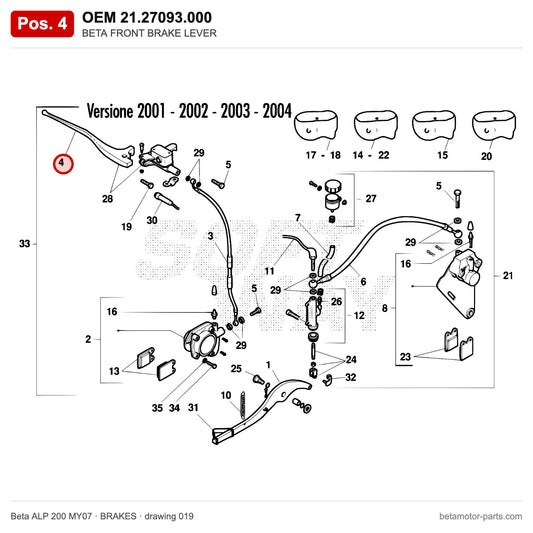 BETA FRONT BRAKE LEVER – OEM 21.27093.000, position 4 on the Beta ALP 200 MY07 brakes drawing
