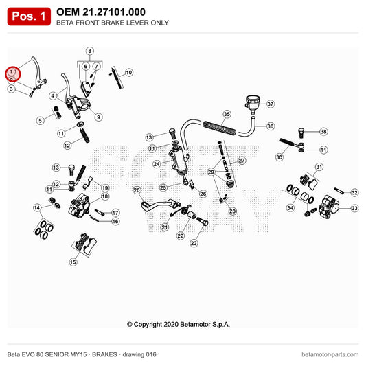 BETA FRONT BRAKE LEVER ONLY – OEM 21.27101.000, position 1 on the Beta EVO 80 SENIOR MY15 brakes drawing