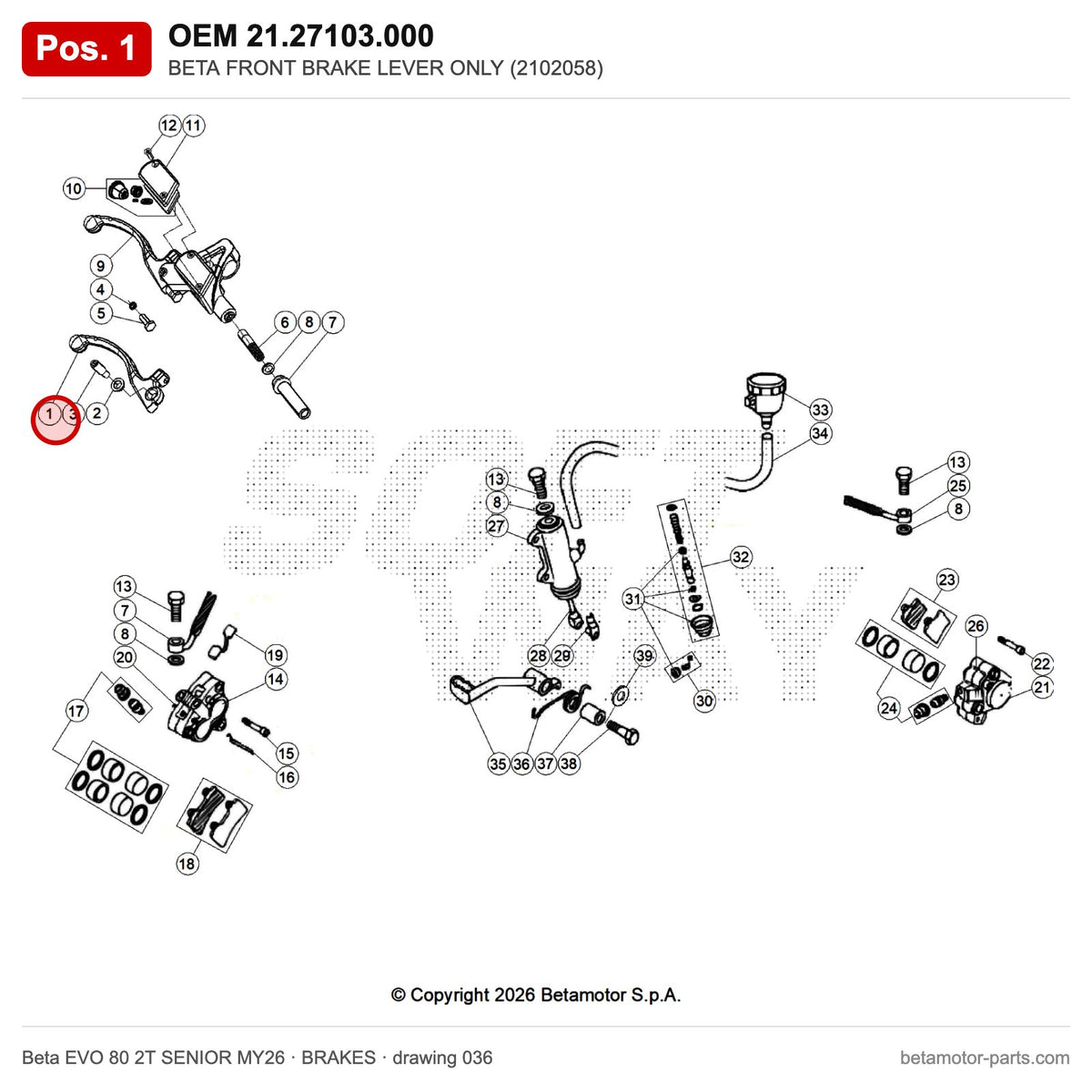 BETA FRONT BRAKE LEVER ONLY (2102058) – OEM 21.27103.000, position 1 on the Beta EVO 80 2T SENIOR MY26 brakes drawing