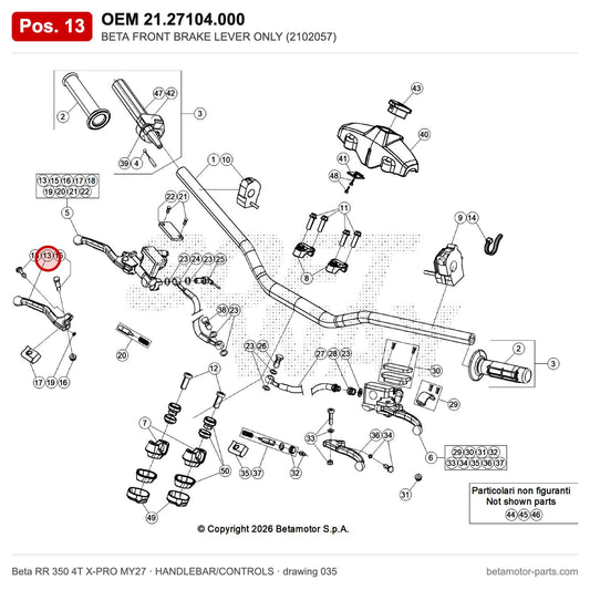 BETA FRONT BRAKE LEVER ONLY (2102057) – OEM 21.27104.000, position 13 on the Beta RR 350 4T X-PRO MY27 handlebar/controls drawing