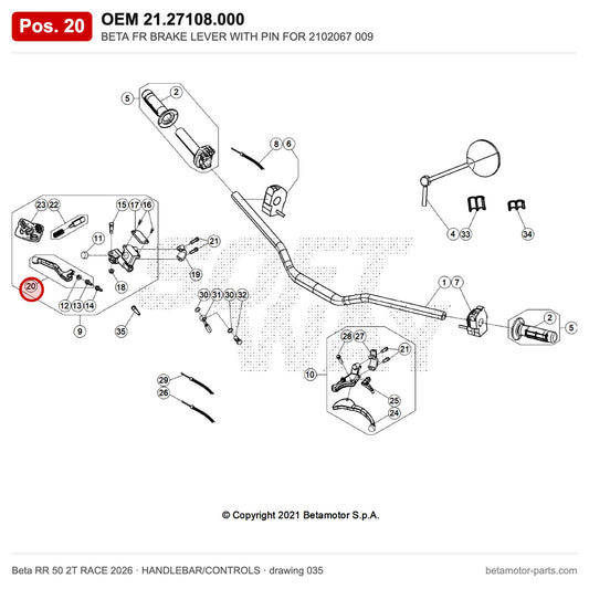 BETA FR BRAKE LEVER WITH PIN FOR 2102067 009 – OEM 21.27108.000, position 20 on the Beta RR 50 2T RACE 2026 handlebar/controls drawing