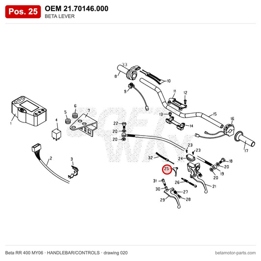BETA LEVER – OEM 21.70146.000, position 25 on the Beta RR 400 MY06 handlebar/controls drawing