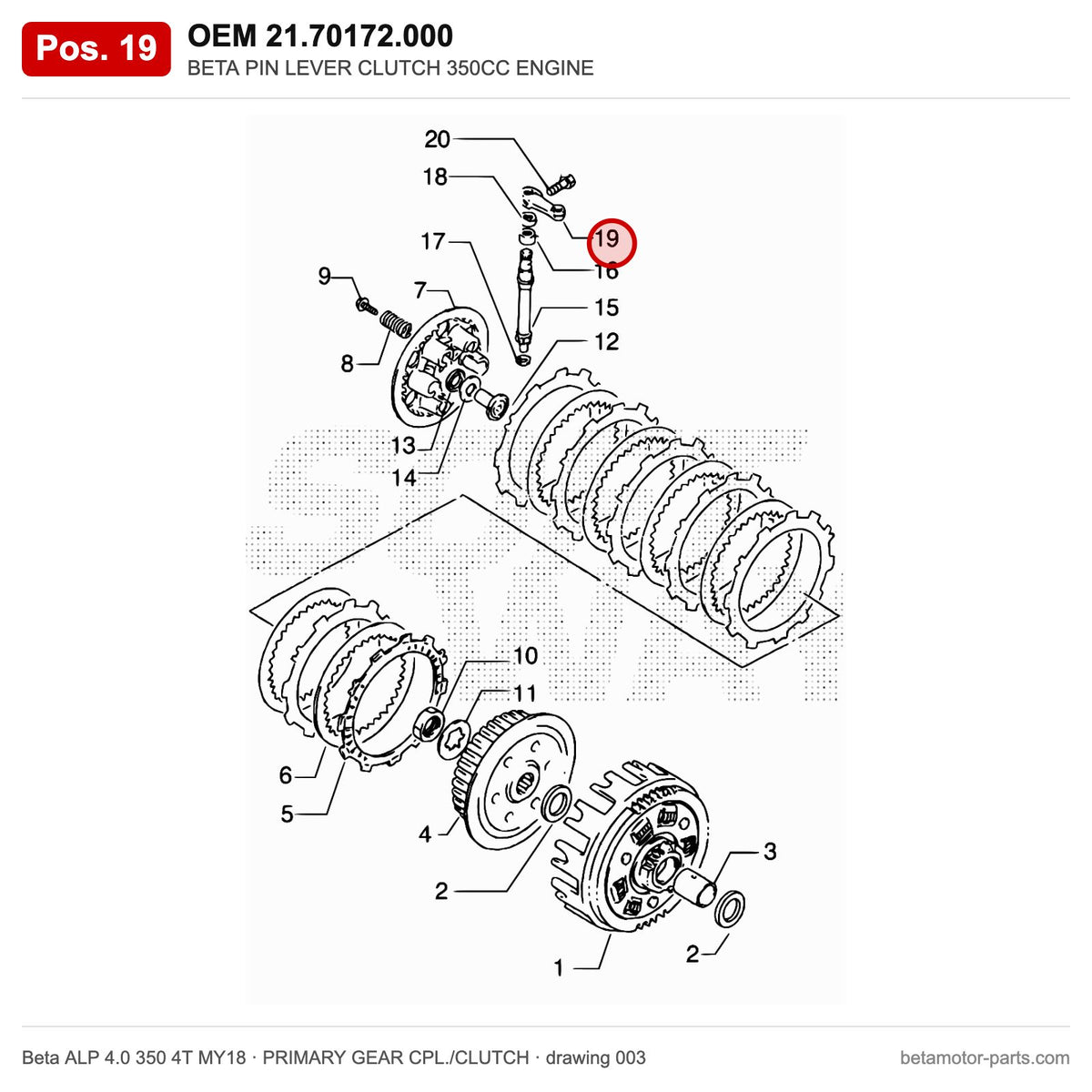 BETA PIN LEVER CLUTCH 350CC ENGINE – OEM 21.70172.000, position 19 on the Beta ALP 4.0 350 4T MY18 primary gear cpl./clutch drawing