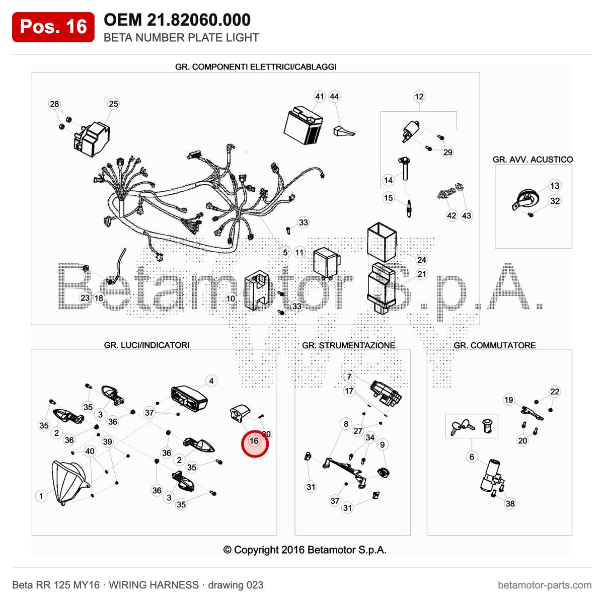 BETA NUMBER PLATE LIGHT – OEM 21.82060.000, position 16 on the Beta RR 125 MY16 wiring harness drawing