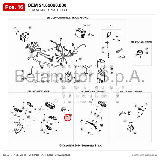BETA NUMBER PLATE LIGHT – OEM 21.82060.000, position 16 on the Beta RR 125 MY16 wiring harness drawing
