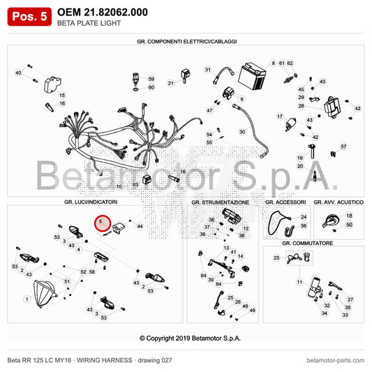 BETA PLATE LIGHT – OEM 21.82062.000, position 5 on the Beta RR 125 LC MY16 wiring harness drawing