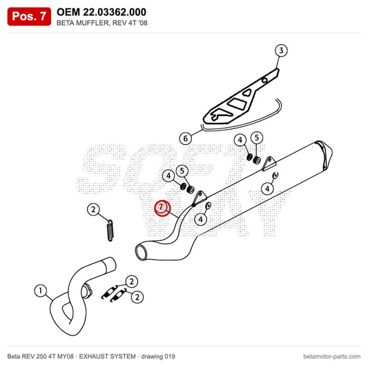 BETA MUFFLER, REV 4T '08 – OEM 22.03362.000, position 7 on the Beta REV 250 4T MY08 exhaust system drawing
