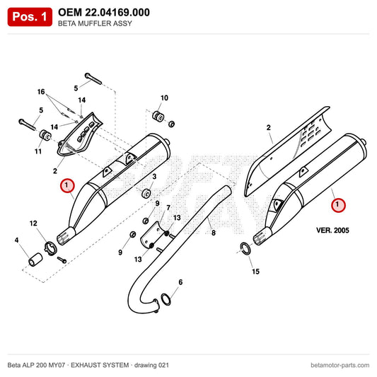 BETA MUFFLER ASSY – OEM 22.04169.000, position 1 on the Beta ALP 200 MY07 exhaust system drawing