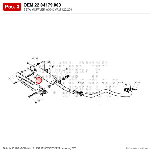 BETA MUFFLER ASSY, VAM 125/200 – OEM 22.04179.000, position 3 on the Beta ALP 200 MY16-MY17 exhaust system drawing