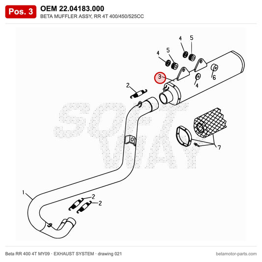 BETA MUFFLER ASSY, RR 4T 400/450/525CC – OEM 22.04183.000, position 3 on the Beta RR 400 4T MY09 exhaust system drawing