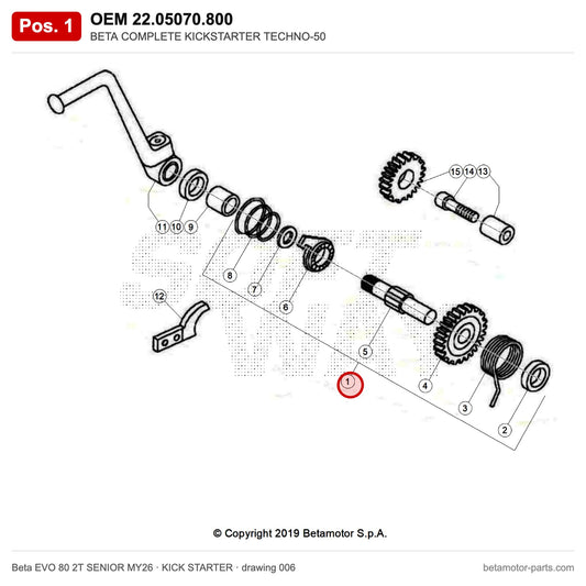 BETA COMPLETE KICKSTARTER TECHNO-50 – OEM 22.05070.800, position 1 on the Beta EVO 80 2T SENIOR MY26 kick starter drawing