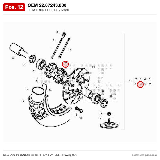 BETA FRONT HUB REV 50/80 – OEM 22.07243.000, position 12 on the Beta EVO 80 JUNIOR MY16 front wheel drawing
