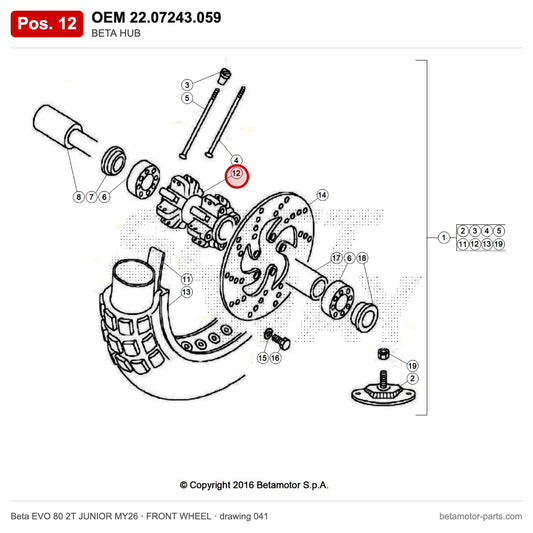 BETA HUB – OEM 22.07243.059, position 12 on the Beta EVO 80 2T JUNIOR MY26 front wheel drawing