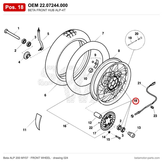 BETA FRONT HUB ALP-4T – OEM 22.07244.000, position 18 on the Beta ALP 200 MY07 front wheel drawing