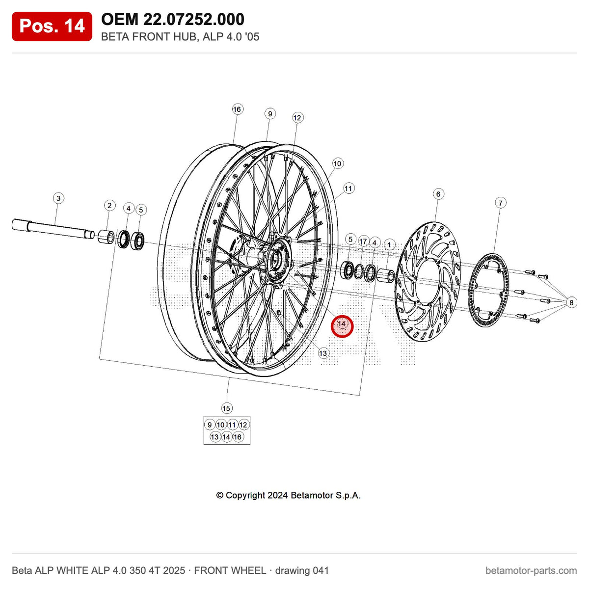 BETA FRONT HUB, ALP 4.0 '05 – OEM 22.07252.000, position 14 on the Beta ALP WHITE ALP 4.0 350 4T 2025 front wheel drawing