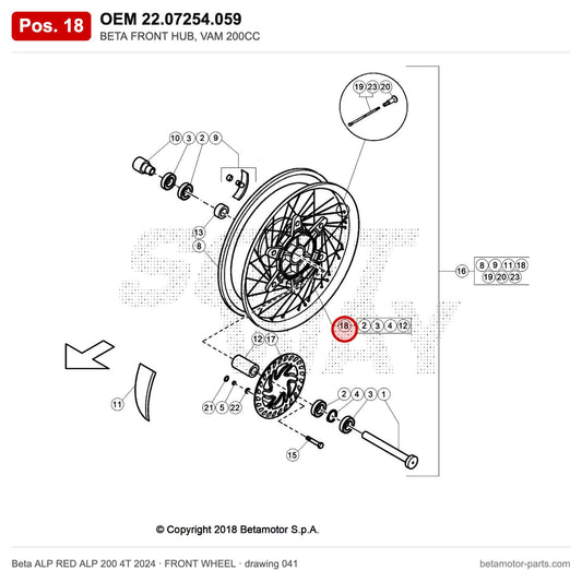 BETA FRONT HUB, VAM 200CC – OEM 22.07254.059, position 18 on the Beta ALP RED ALP 200 4T 2024 front wheel drawing