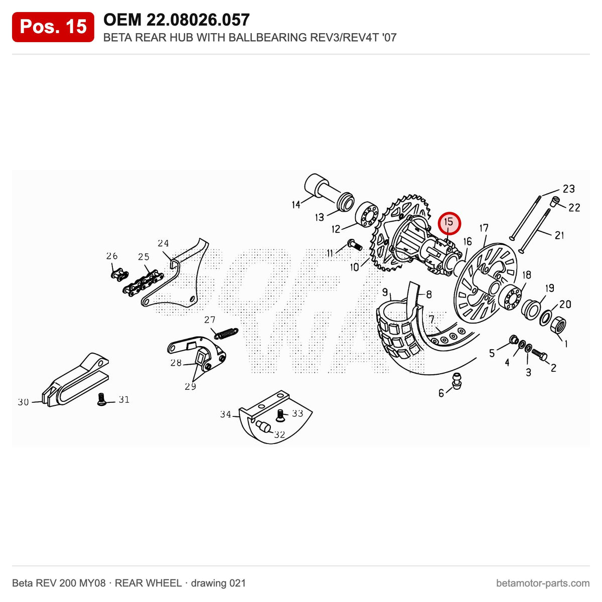 BETA REAR HUB WITH BALLBEARING REV3/REV4T '07 – OEM 22.08026.057, position 15 on the Beta REV 200 MY08 rear wheel drawing