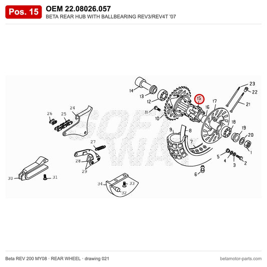 BETA REAR HUB WITH BALLBEARING REV3/REV4T '07 – OEM 22.08026.057, position 15 on the Beta REV 200 MY08 rear wheel drawing