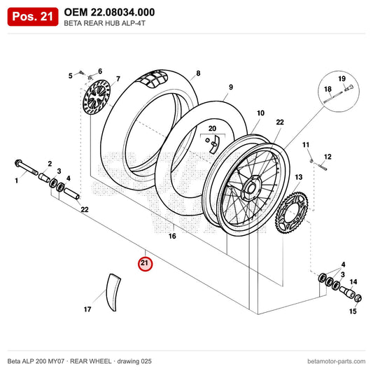 BETA REAR HUB ALP-4T – OEM 22.08034.000, position 21 on the Beta ALP 200 MY07 rear wheel drawing