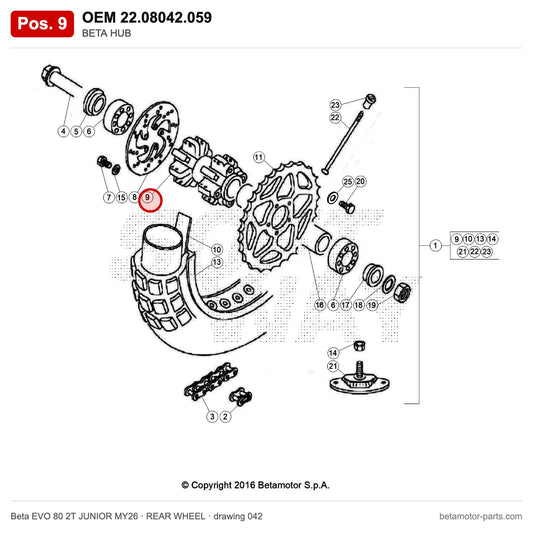 BETA HUB – OEM 22.08042.059, position 9 on the Beta EVO 80 2T JUNIOR MY26 rear wheel drawing