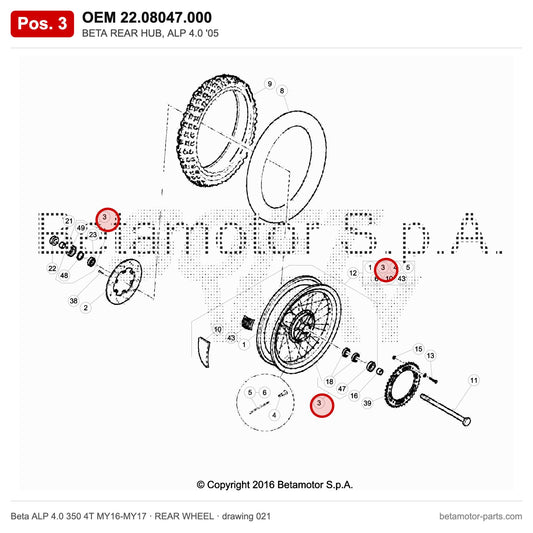 BETA REAR HUB, ALP 4.0 '05 – OEM 22.08047.000, position 3 on the Beta ALP 4.0 350 4T MY16-MY17 rear wheel drawing