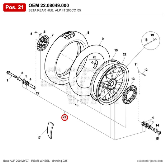 BETA REAR HUB, ALP 4T 200CC '05 – OEM 22.08049.000, position 21 on the Beta ALP 200 MY07 rear wheel drawing