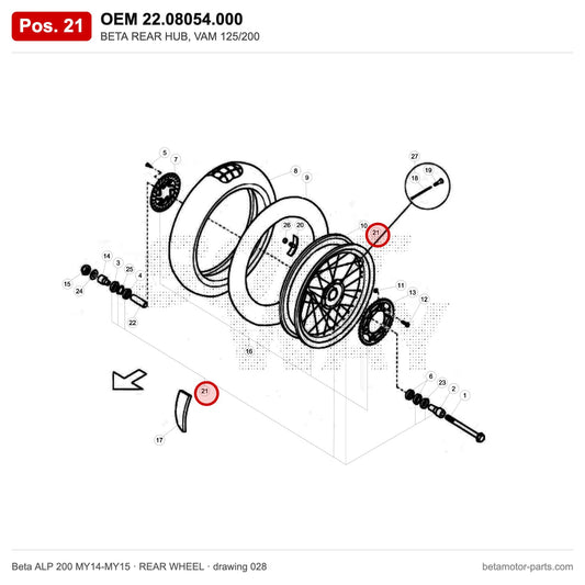 BETA REAR HUB, VAM 125/200 – OEM 22.08054.000, position 21 on the Beta ALP 200 MY14-MY15 rear wheel drawing