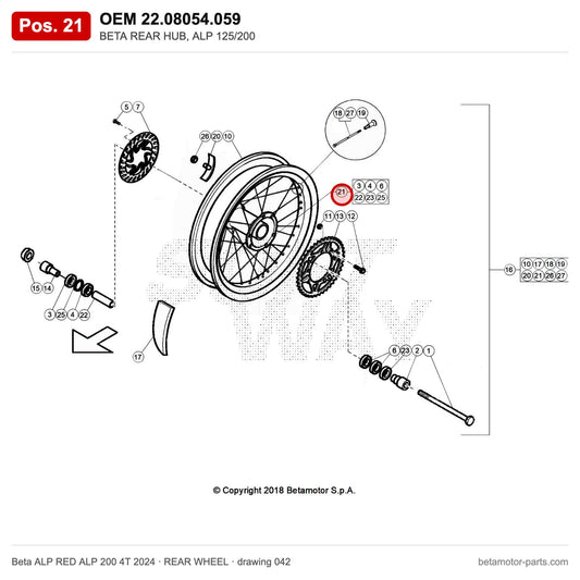 BETA REAR HUB, ALP 125/200 – OEM 22.08054.059, position 21 on the Beta ALP RED ALP 200 4T 2024 rear wheel drawing