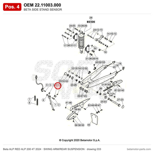 BETA SIDE STAND SENSOR – OEM 22.11003.000, position 4 on the Beta ALP RED ALP 200 4T 2024 swing arm/rear suspension drawing