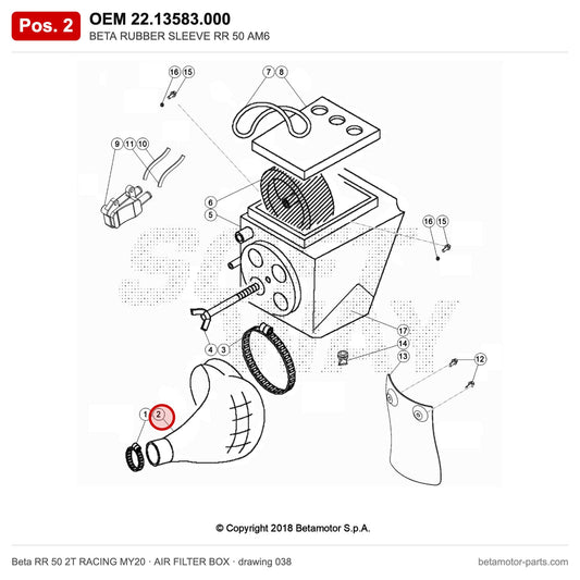 BETA RUBBER SLEEVE RR 50 AM6 – OEM 22.13583.000, position 2 on the Beta RR 50 2T RACING MY20 air filter box drawing