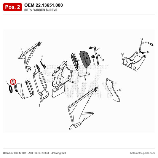 BETA RUBBER SLEEVE – OEM 22.13651.000, position 2 on the Beta RR 400 MY07 air filter box drawing