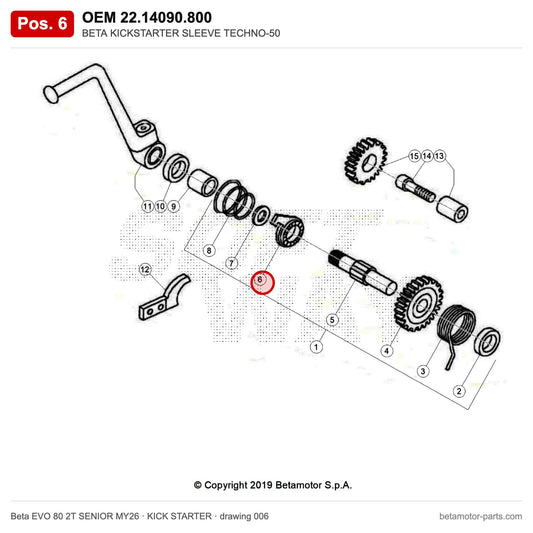 BETA KICKSTARTER SLEEVE TECHNO-50 – OEM 22.14090.800, position 6 on the Beta EVO 80 2T SENIOR MY26 kick starter drawing