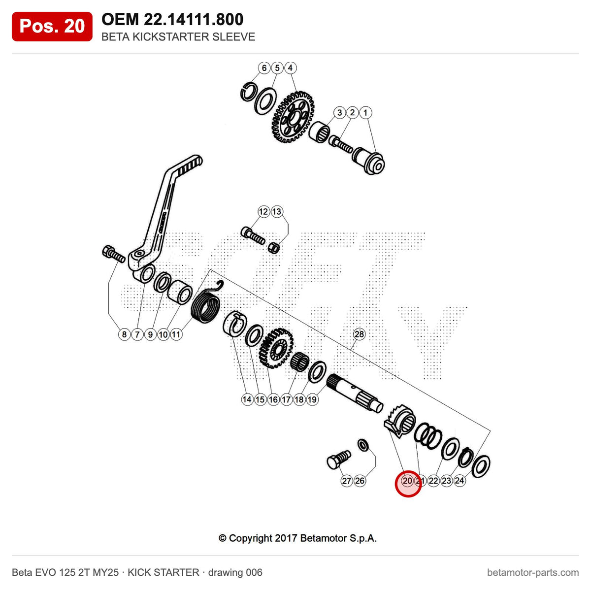 BETA KICKSTARTER SLEEVE – OEM 22.14111.800, position 20 on the Beta EVO 125 2T MY25 kick starter drawing