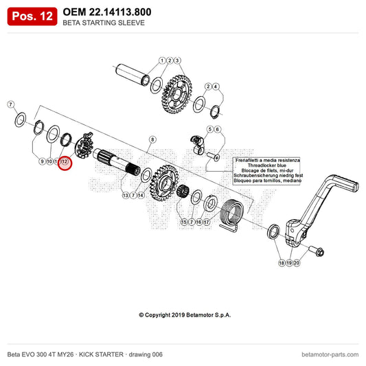 BETA STARTING SLEEVE – OEM 22.14113.800, position 12 on the Beta EVO 300 4T MY26 kick starter drawing