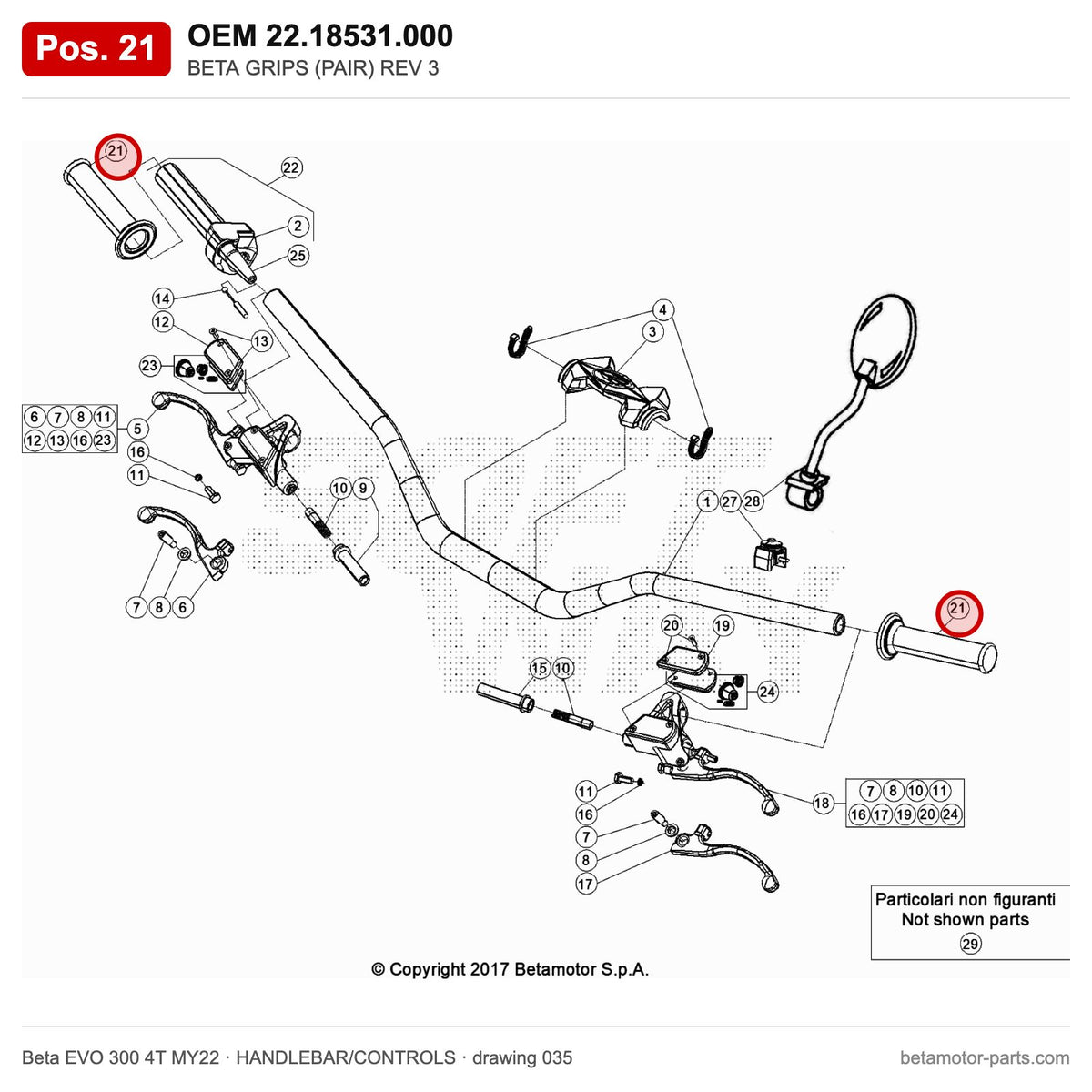 BETA GRIPS (PAIR) REV 3 – OEM 22.18531.000, position 21 on the Beta EVO 300 4T MY22 handlebar/controls drawing