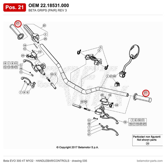 BETA GRIPS (PAIR) REV 3 – OEM 22.18531.000, position 21 on the Beta EVO 300 4T MY22 handlebar/controls drawing