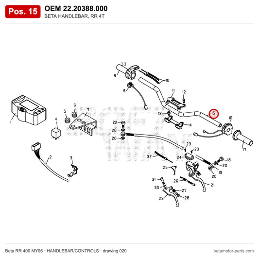 BETA HANDLEBAR, RR 4T – OEM 22.20388.000, position 15 on the Beta RR 400 MY06 handlebar/controls drawing