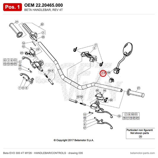 BETA HANDLEBAR, REV 4T – OEM 22.20465.000, position 1 on the Beta EVO 300 4T MY26 handlebar/controls drawing