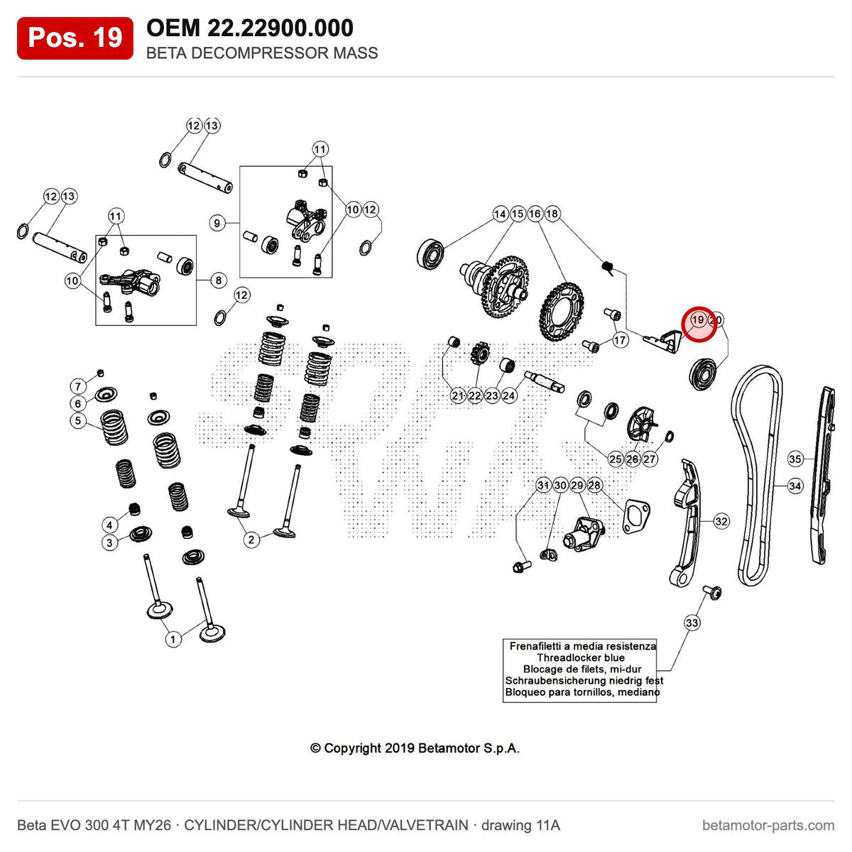 BETA DECOMPRESSOR MASS – OEM 22.22900.000, position 19 on the Beta EVO 300 4T MY26 cylinder/cylinder head/valvetrain drawing