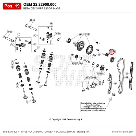 BETA DECOMPRESSOR MASS – OEM 22.22900.000, position 19 on the Beta EVO 300 4T MY26 cylinder/cylinder head/valvetrain drawing