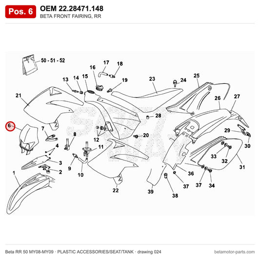 BETA FRONT FAIRING, RR – OEM 22.28471.148, position 6 on the Beta RR 50 MY08-MY09 plastic accessories/seat/tank drawing