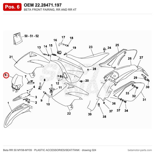 BETA FRONT FAIRING, RR AND RR 4T – OEM 22.28471.197, position 6 on the Beta RR 50 MY08-MY09 plastic accessories/seat/tank drawing