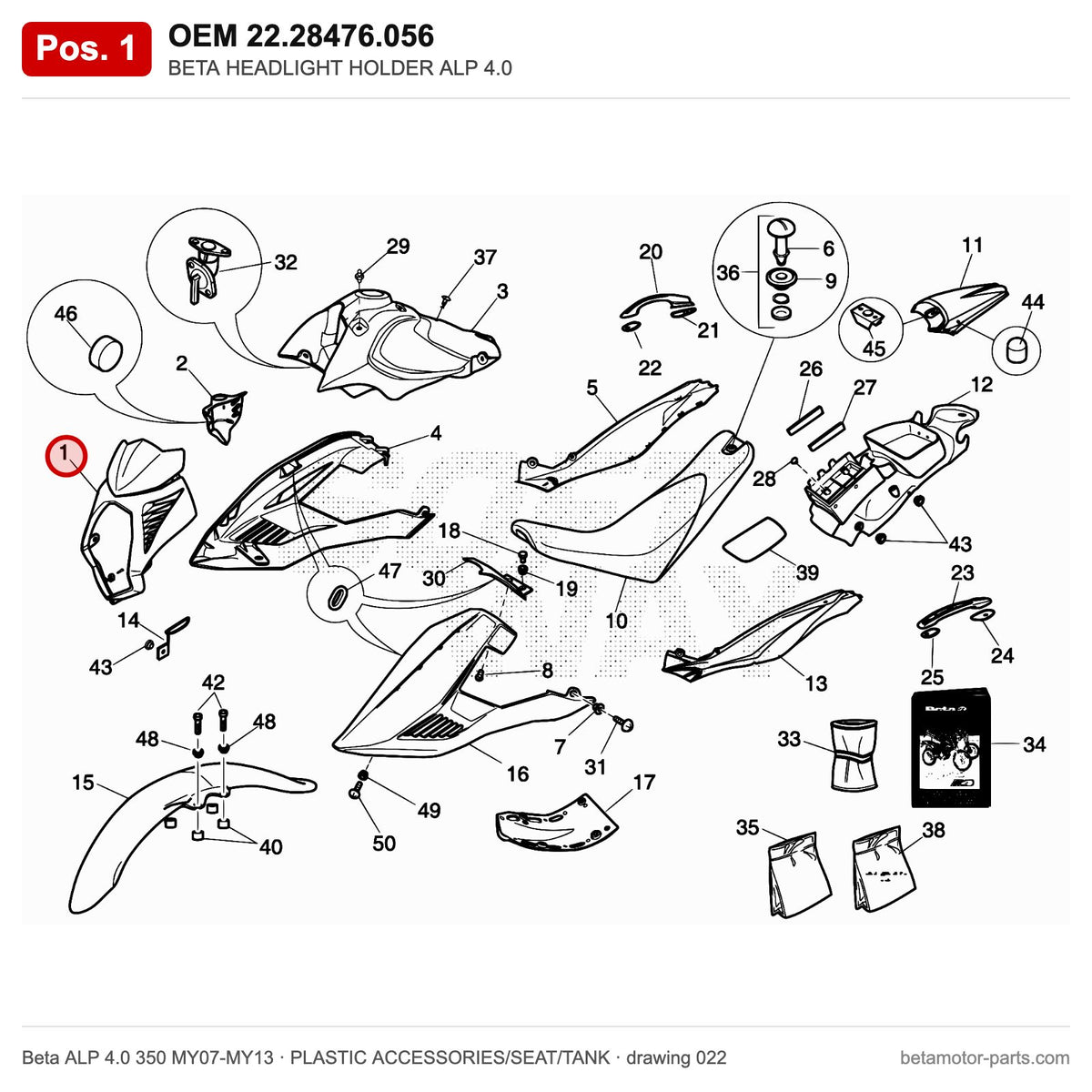 BETA HEADLIGHT HOLDER ALP 4.0 – OEM 22.28476.056, position 1 on the Beta ALP 4.0 350 MY07-MY13 plastic accessories/seat/tank drawing