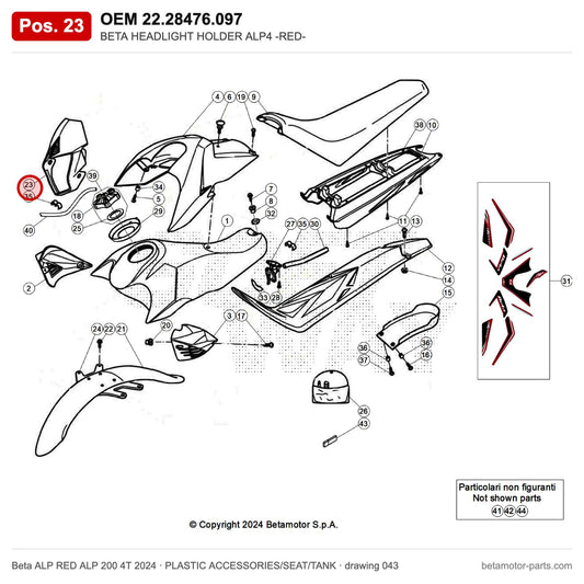 BETA HEADLIGHT HOLDER ALP4 -RED- – OEM 22.28476.097, position 23 on the Beta ALP RED ALP 200 4T 2024 plastic accessories/seat/tank drawing