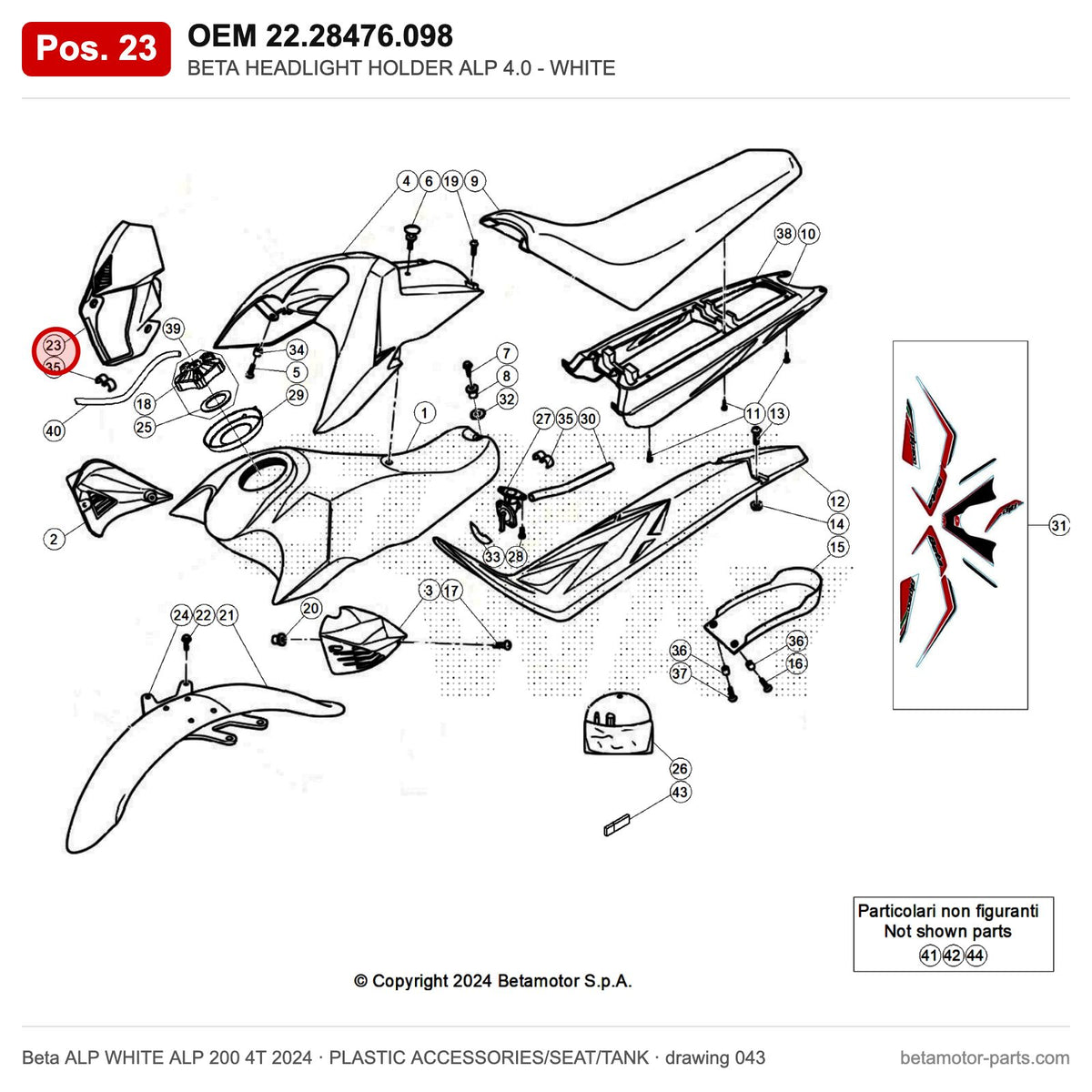 BETA HEADLIGHT HOLDER ALP 4.0 - WHITE – OEM 22.28476.098, position 23 on the Beta ALP WHITE ALP 200 4T 2024 plastic accessories/seat/tank drawing