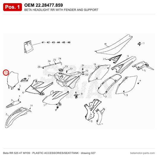 BETA HEADLIGHT RR WITH FENDER AND SUPPORT – OEM 22.28477.859, position 1 on the Beta RR 525 4T MY09 plastic accessories/seat/tank drawing