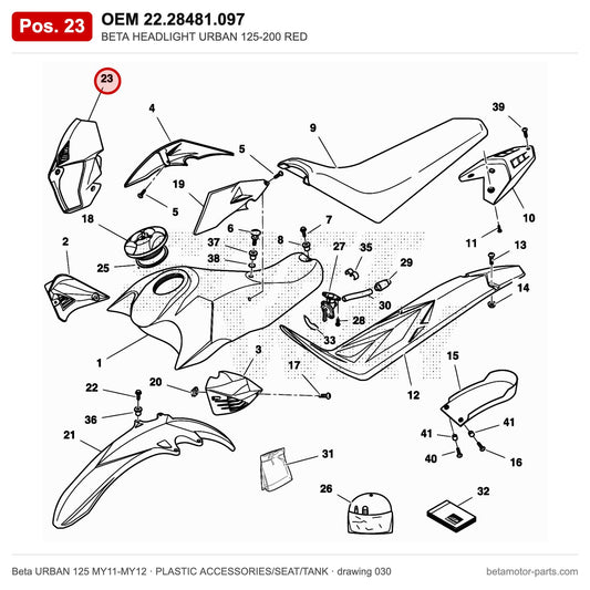BETA HEADLIGHT URBAN 125-200 RED – OEM 22.28481.097, position 23 on the Beta URBAN 125 MY11-MY12 plastic accessories/seat/tank drawing