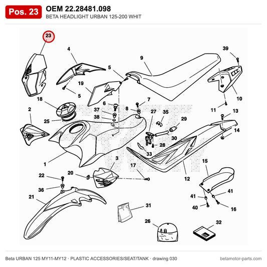 BETA HEADLIGHT URBAN 125-200 WHIT – OEM 22.28481.098, position 23 on the Beta URBAN 125 MY11-MY12 plastic accessories/seat/tank drawing